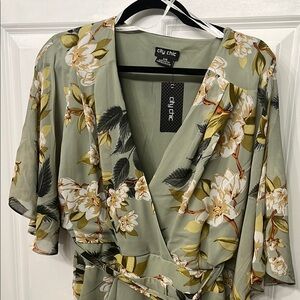 City Chic Floral Wrap Dress - Green and White